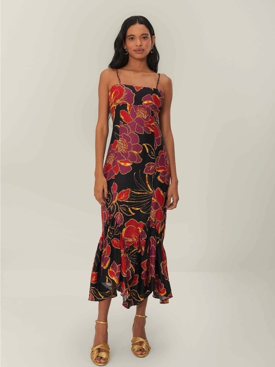 FARM Rio Dresses & Skirts - FARM Rio NWOT Black Midi Dress with Red and Purple Floral Print